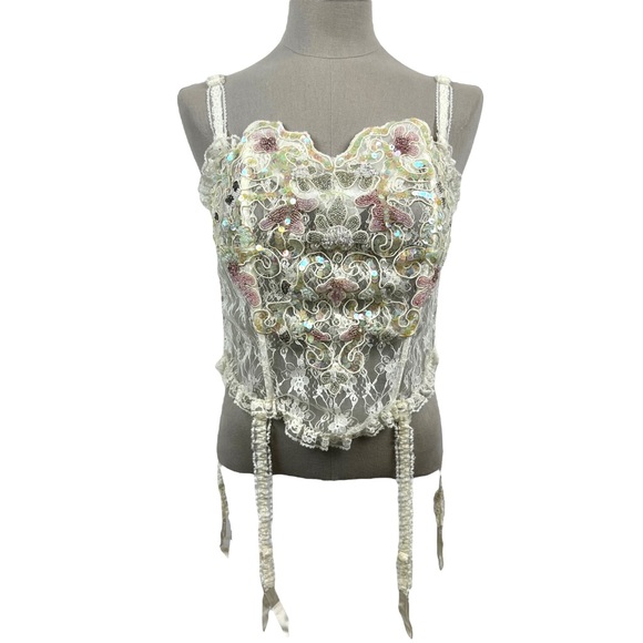 Victoria's Secret Tops - Vtg Victorias Secret Corset Bustier Ivory Lace Sequins Gold Label NWT Sz M